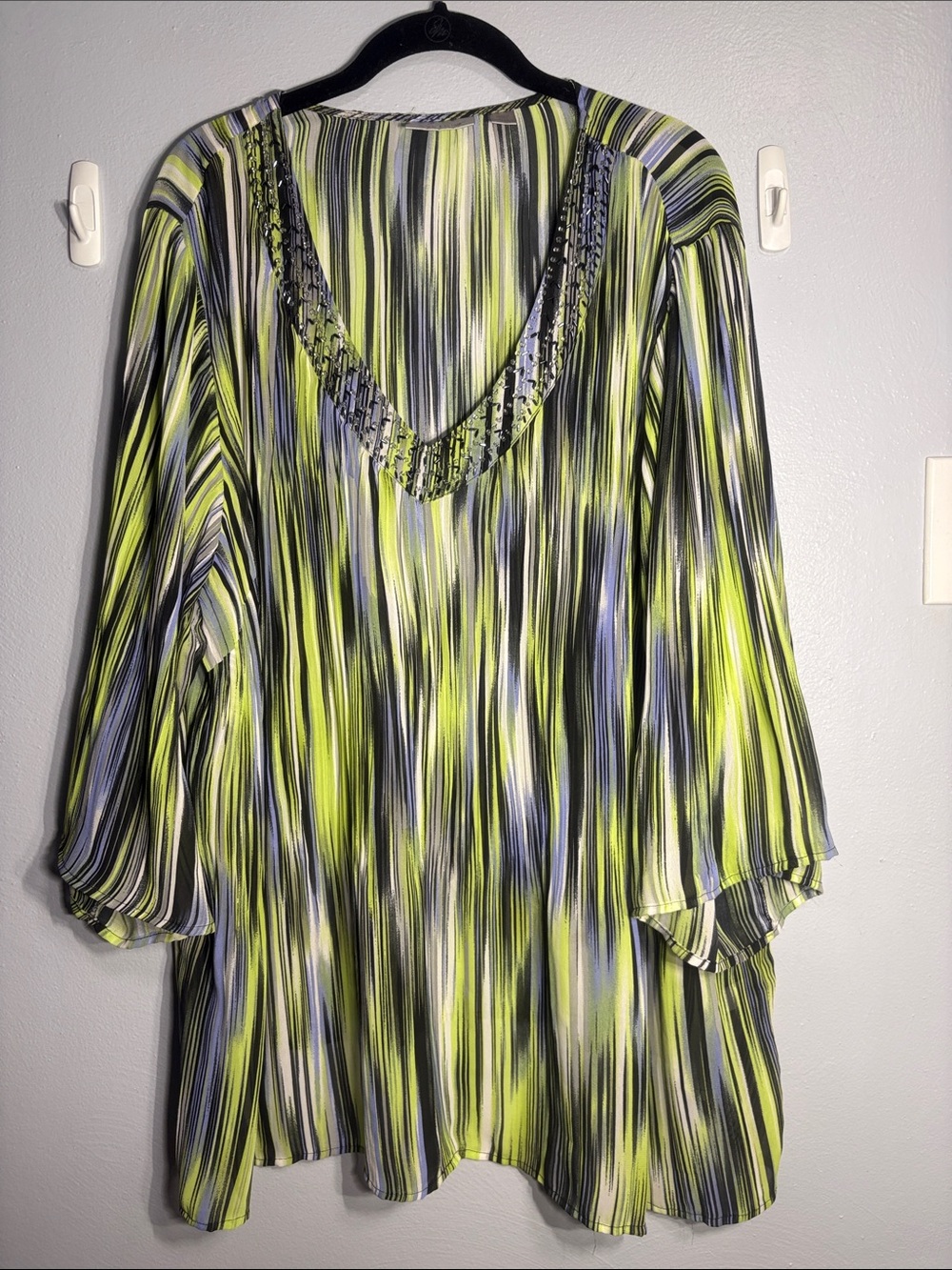 Avenue Lime, Black & purple V-Neck Tunic with Beaded Trim